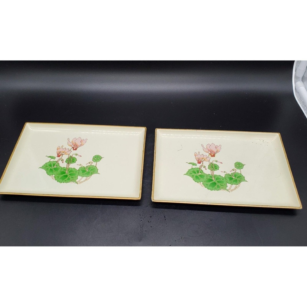 Cyclamen Pink Flower Otagiri Japan Lacquerware Rectangle Vintage Tray Set/2